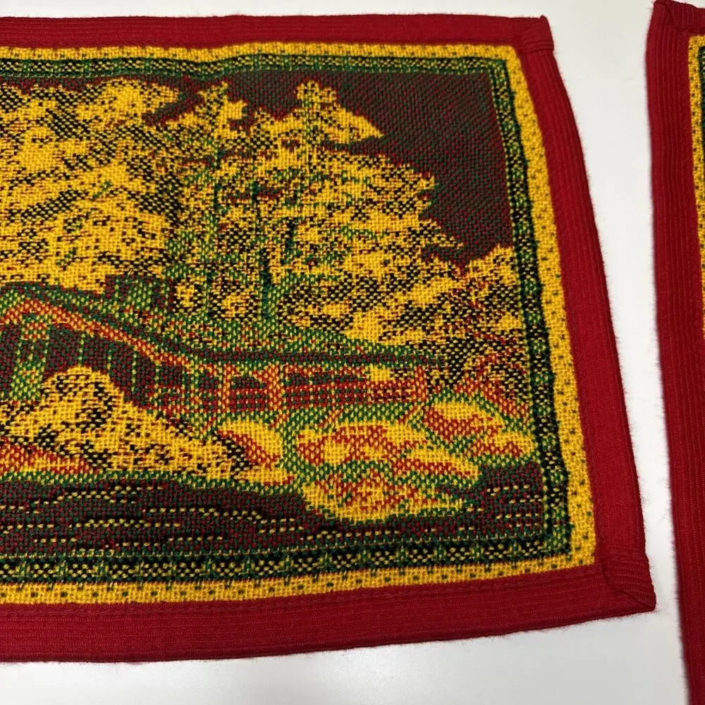 2 Vtg Cross Stitch Placemat Red Yellow Green House Trees Bushes Decor